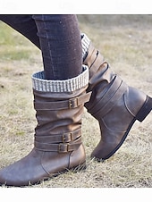 tanie Buty typu slouch-damskie buty ze skóry ekologicznej do połowy łydki z dzianinowym mankietem i podwójnymi paskami ze sprzączką – wygodne i stylowe obuwie zimowe