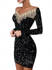 preiswerte Bodycon für den Klub-Damen schwarzes kleid Minikleid Spitze Patchwork Brautkleider schlicht Schulterfrei Langarm Schwarz Aprikose Farbe