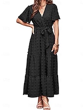 billige Arbeidskjoler-kvinners ensfarget slips foran v-hals lang kjole maxi kjole elegant bohemia fest daglig sommer