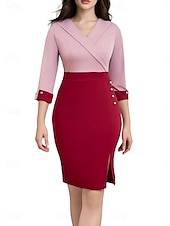 abordables Robes de travail-Robe de travail Robe Droite Femme Robe mi-longue Elégant Mode Patchwork Col V Manches 3/4 Bureau du quotidien Plein Standard Vin Printemps Automne S M L XL 2XL