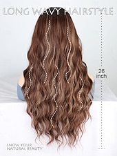 baratos Perucas Sintéticas sem Touca-Long  Wigs for Women Middle Part Wig Long Curly Wavy Synthetic Wigs for Daily Party Use