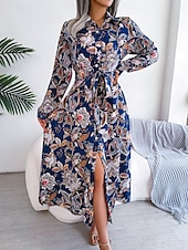 billiga Bohemklänningar-Dam Maxiklänning Vardagsklänning Swingklänning A linjeklänning Boho-klänning Ledigt Dagligen Normal Blommig Långärmad Tröjkrage Kungsblå Sommar Vår Höst