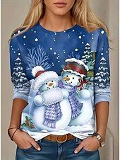 economico Magliette di Natale-tunica natalizia da donna manica 3/4 stampa albero di natale casual elasticizzata rosso bianco fiocco di neve girocollo abbigliamento invernale festivo