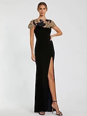 tanie czarny-Wieczorowa Suknia Typ Sheath Elegancka Sukienka Formalna Długość Do Podłogi Krótki Rękaw Dekolt Iluzji Rozciągliwy Krepa z Rozcięciem Aplikacjami