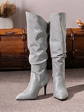 olcso Slouch Boots-női, ezüst színű, domború térdig érő csizma – stílusos hegyes orrú csizma tűsarkúval a divatos megjelenésért