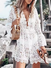 levne Bílé krajkové šaty-Dámské Běžný Midi šaty Bílé šaty Krajkové šaty Boho šaty Havajské Dovolená Rande Běžný Pevná barva Bez rukávů Do V Bílá Léto
