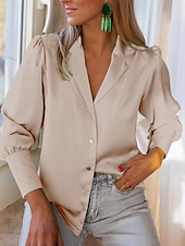 preiswerte Elegante Oberteile-Damen Hemd Bluse Feste Farbe Basic Brautkleider schlicht Langarm Hemdkragen Normale Oberteile Täglich Knopf Schwarz Blau Beige Herbst Winter