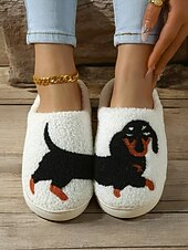 economico Ciabatte e infradito da donna-pantofole da donna con ricamo a forma di bassotto – calde scarpe da interno foderate in pile per gli amanti dei cani
