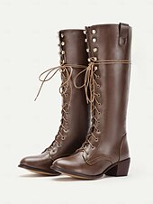 tanie Rijlaarzen-damskie, brązowe, skórzane, sznurowane, sięgające do kolan buty vintage, rustykalne, kowbojskie buty jeździeckie na przygody na świeżym powietrzu