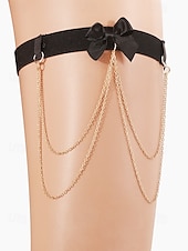 voordelige Damesarmband-Zwarte strik dijbeenketting harnas voor dames – sexy elastische kousenband met zilveren kettingaccenten, ideaal voor lingerie en festivaloutfits