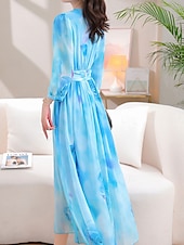 preiswerte Elegante Blumenkleider-Damen Maxidress Kleid drucken Graphic Modisch elegante kleider Party Täglich Verabredung Hohe Taillenlinie 3/4 Ärmel V Ausschnitt Kleid Regular Fit Rote Blau Frühling Herbst S M L