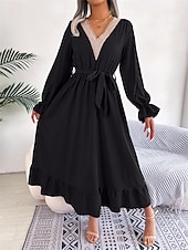 abordables Robe de cocktail-Robe casual Robe Évasée Robe Trapèze Femme Robe mi-longue Patchwork Avec ceinture Sport &amp; Loisir Plein Air Décontractées Col V manche longue Standard Noir Vin Vert S M L XL