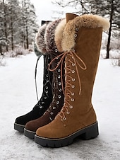 baratos Botas de neve e inverno-botas femininas de camurça sintética com cadarço até o joelho e punhos de pele sintética – calçados de inverno estilosos com sola grossa