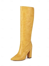 preiswerte Modische Stiefel-burgunderfarbene kniehohe Stiefel mit Krokoprägung für Damen – stylische Stiefel mit spitzer Spitze und Blockabsatz für die Herbst- und Wintermode
