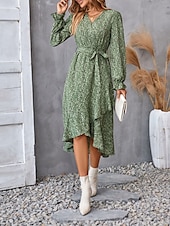 ieftine Rochii florale elegante-rochie midi dama cu decolteu in V cu maneca lunga vara primavara
