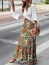 cheap Skirts-Women&#039;s Long Skirt Maxi Skirts Patchwork Floral Graphic Vacation Street Summer Elegant Vintage Green