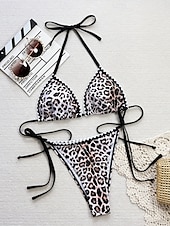 preiswerte Bikini-Sets-Damen Badeanzug Bikinis 2 Stück Cheeky-Bikinihose Bademode Rückenfrei Schlank Urlaub Strandbekleidung Leopard Halfterhals Ärmellos Badeanzüge