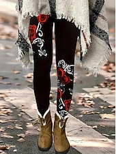 baratos Calça-Leggings Femininas Calças de Moda Estilo de Rua Comprimento Total Cintura Alta Estampas de Rosas Térmicas Quentes Respirável Macio Microelástico Para o Dia a Dia Preto Outono Inverno Ajuste Regular