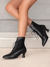 economico anni 1930-stivaletti allacciati in stile vittoriano nero da donna con pannello in pizzo e tacchi a gattino - elegante stile vintage per occasioni formali e casual