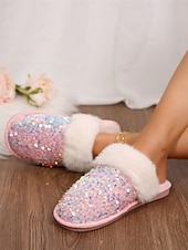 preiswerte Damenslipper &amp; Flip-Flops-Schwarze, mit Pailletten und Fell gefütterte Damen-Hausschuhe mit mehrfarbigem Glitzer und bequemer Sohle – ideal für Luxus und Wärme in Innenräumen