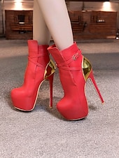 abordables Bottes à la mode-bottines à talons aiguilles rouges pour femmes – bottines tendance à talons hauts avec accent doré pour les fêtes et les soirées