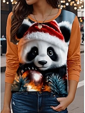 cheap Animals tee-Women&#039;s T Shirt Animal Casual Long Sleeve Crew Neck Regular Tops Daily Print Orange Spring Fall