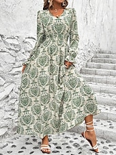 preiswerte Ausgefallene Kleider-Damen Maxidress Casual kleid Schaukelkleid A Linie Kleid Boho-Kleid Brautkleider schlicht Täglich Regular Fit Blumen Langarm V Ausschnitt Schwarz Weiß Grün Sommer Frühling Herbst