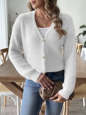 billiga Tröjor och koftor-Dam Kofta Mode Streetwear Dagligen Ensfärgat Ribbad V-hals Stickat Långärmad Vanliga toppar Sticka Utomhus Dagligen Svart Vit Höst Vinter