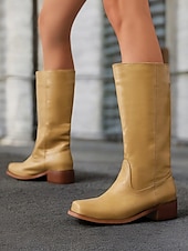 levne Cowboy &amp; Western Boots-dámské hnědé westernové kovbojské boty z umělé kůže - výška do půl lýtek s naskládaným podpatkem pro ležérní outfity a outfity ve venkovském stylu