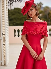 cheap Cocktail Dresses-A-Line Cocktail Dresses Elegant Dress Formal Ankle Length Short Sleeve Off Shoulder Pocket Satin with Appliques Dresses