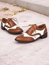 abordables Richelieu femme-chaussures richelieu brogue noires et blanches pour femmes - chaussures habillées vintage en similicuir à bout golf bicolore pour occasions formelles