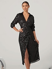cheap Cocktail Dress-Women&#039;s Knee Length Dress Black Dress Sequin Dress Elegant Stylish Bishop Sleeve Cocktail Party Regular Fit Plain Long Sleeve V Neck Shirt Collar Black Fall Winter