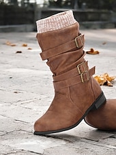 tanie Buty typu slouch-damskie buty ze skóry ekologicznej do połowy łydki z dzianinowym mankietem i podwójnymi paskami ze sprzączką – wygodne i stylowe obuwie zimowe