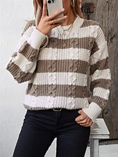 economico Colori solidi-Per donna Felpa Informale Morbido A strisce A coste Girocollo Lavorato a maglia Manica lunga Top regolari Maglia Esterno Giornaliero Fine settimana Nero Caffè Autunno Inverno