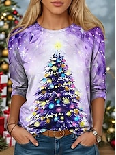 preiswerte Kunst &amp; Design T-Shirt-Frauen T-Shirt Urlaub Sweatshirt Langarm Schneemann Druck Farbe Block Rot Weiß Winter Party Lässiger Pullover Festliche Kleidung Apparel