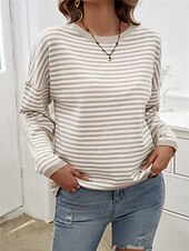 billige Grafiske mønstre og detaljer-Dame Genser Fritid Myk Stripet Riflet Crew-hals Strikket Langermet Vanlige topper Strikke utendørs Daglig Helg Aprikos Høst Vinter