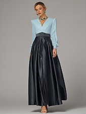 cheap GREEN-A-Line Evening Gown High Split Dress Formal Wedding Guest Floor Length Long Sleeve V Neck Fall Wedding Guest Satin with Pleats Slit