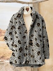 billiga sherpajackor-Dam Sherpajacka Teddyrock Utomhus Gata Dagliga kläder Höst Vinter Normal Täcka Normal Håller värmen Andningsfunktion Stylish Ledigt Jacka Långärmad Leopard Geometrisk Med fickor Blixtlås i fullängd