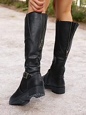 baratos Botas da moda-botas femininas marrons de cano alto com zíper lateral e fivela, salto baixo e design durável – perfeitas para uso casual e ao ar livre