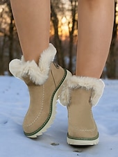 baratos Botas de neve e inverno-Botas femininas de inverno com forro de pele sintética bege – calor aconchegante com sola antiderrapante para estilo em climas frios