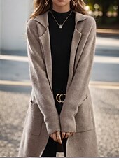 cheap Cardigans &amp; Outerwears-Women&#039;s Sweater Cardigan Sweater Jacket Shirt Collar Knit Pocket Knitted Spring Fall Home Daily Weekend Elegant Daily Casual Long Sleeve Pure Color Black Camel