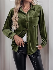 voordelige Elegante topjes-Dames Overhemd Blouse Effen Kleur Basic Casual Lange mouw V-hals Normale tops Dagelijks Lapwerk Knop Zak Wijn Bruin Groen Herfst Winter