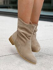 levne Slouch Boots-dámské béžové semišové kotníkové boty – ležérní a pohodlné boty západního stylu na nízkém podpatku