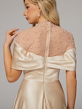 cheap CHAMPAGNE-A-Line Evening Gown Elegant Dress Formal Floor Length Short Sleeve Illusion Neck Satin with Ruched Beading