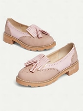 abordables Années 1950-mocassins à pampilles roses pour femmes avec détails brogue et semelle épaisse – chaussures décontractées de style vintage pour un usage quotidien
