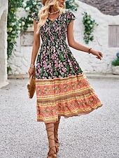 ieftine Rochii Boho-Pentru femei Rochii Midi Rochie casual Rochie leagăn Rochie A line Rochie Boho Casual Zilnic Fit regulat Floral Manșon scurt În V Negru Portocaliu Vară Primăvară