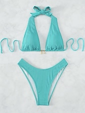billiga Bikiniset-Dam Badkläder Bikini Baddräkt Semester Tropisk Ensfärgat Ärmlös Baddräkter
