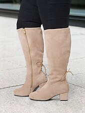 abordables Bottes à la mode-bottes hautes en daim beige à mollet large pour femmes avec talons épais – chaussures confortables et élégantes pour les tenues décontractées et hivernales