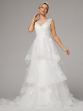 economico Abiti sposa di lusso-abiti da sposa matrimonio sulla spiaggia a-line illusion neck senza maniche lunghezza pavimento corte strascico pizzo abiti da sposa con applicazioni ricamate 2025