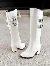 abordables Bottes à la mode-bottes blanches hautes pour femmes avec détail à double boucle – bottes à talon bloc élégantes pour les tenues d&#039;hiver et décontractées